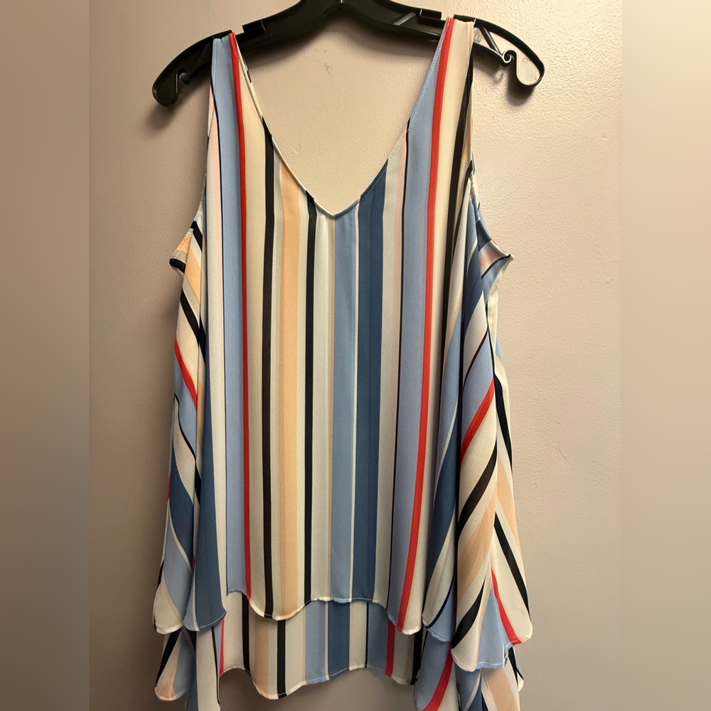 2/$29 on $29 Tops. EUC Lane Bryant Striped V-Neck Top w/ Bottom Ruffles Sz 14